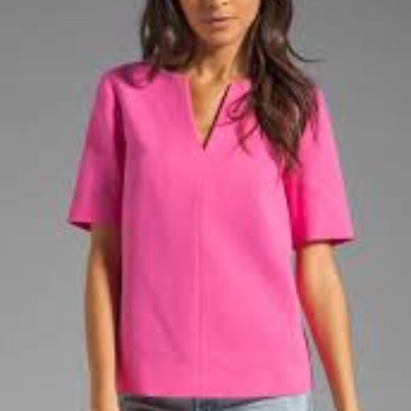 Tibi Willa Crepe Easy Neon Pink Casual Workwear V-neck Cocktail Top Blouse Shirt - Picture 2 of 13